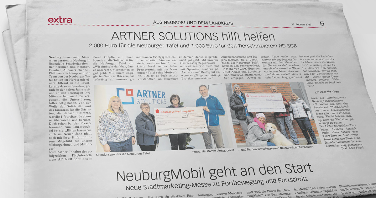 Zeitungsartikel zur Spende von ARTNER Solutions